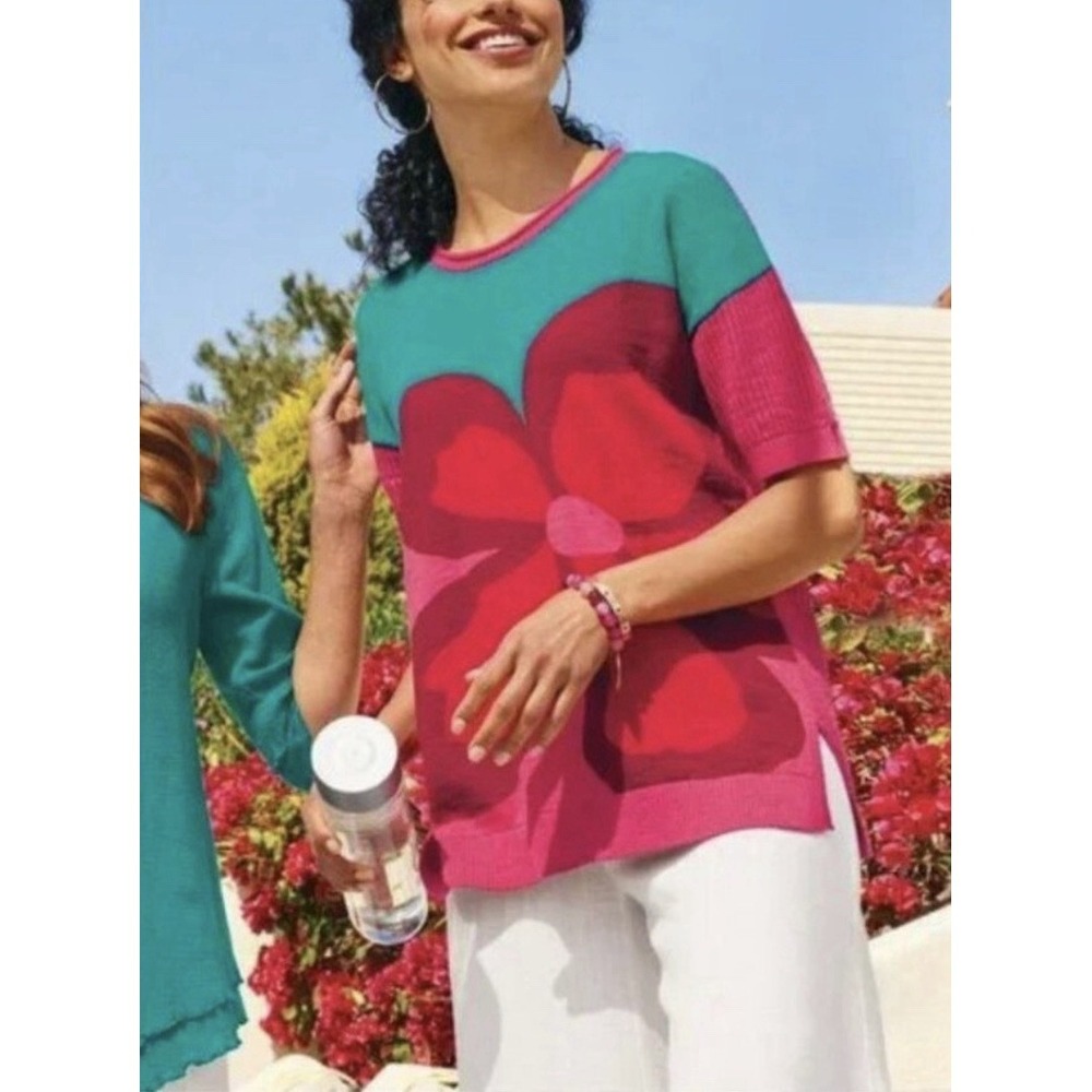 Soft Surroundings Biosphere Knit Sweater Top Floral Artsy Retro Colorblock PXL